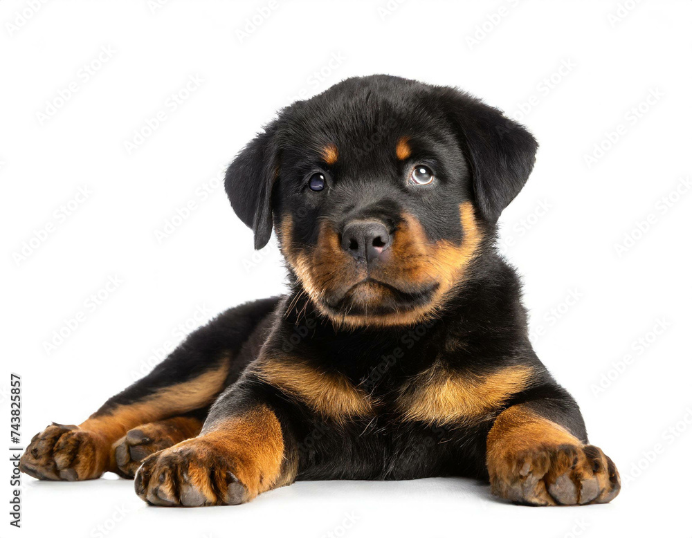 Rottweiler jungtier liegend isoliert auf weißen Hintergrund, Freisteller Rottweiler jungtier liegend isoliert auf weißen Hintergrund, Freisteller