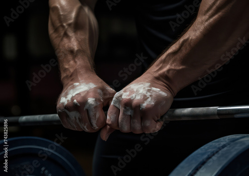 Close-Up of Weightlifter's Hand Gripping Barbell. Concept for Strength and Determination