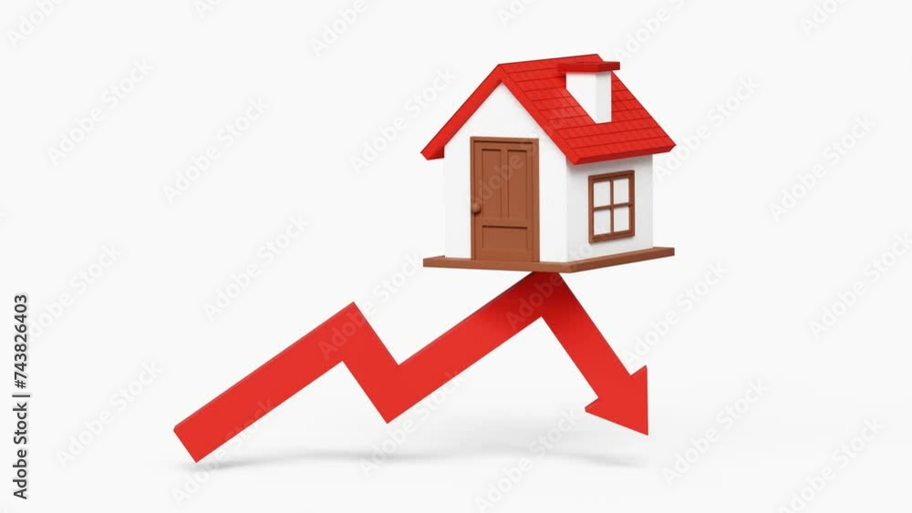 House prices falling. Rising price for property purchase. Finance and investing, interest rates, forecasting demand. Mortgage and real estate investment. 3D house on red down arrow. 4k 3d animation House prices falling. Rising price for property purchase. Finance and investing, interest rates, forecasting demand. Mortgage and real estate investment. 3D house on red down arrow. 4k 3d animation