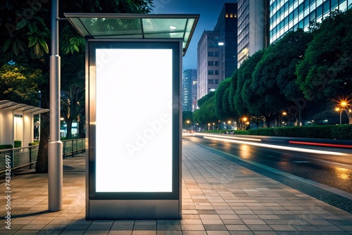 Blank billboard on bus stop at night.