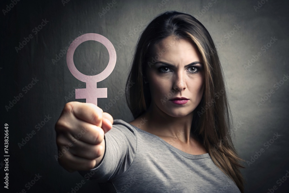 Portrait of woman raising fist with female gender symbol, women's history month, Feminism concept Portrait of woman raising fist with female gender symbol, women's history month, Feminism concept