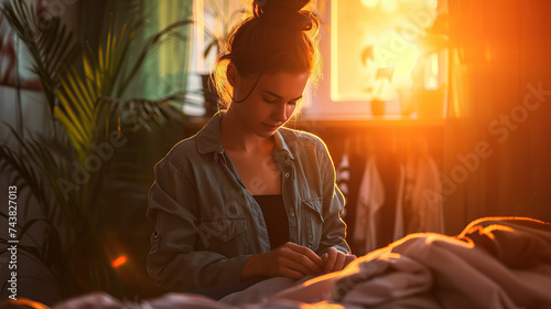 Domestic Serenity: A Vivid and Colorful Portrait of a Woman Folding Clothes in a Bedroom, Bathed in Soft, Bright Light, Evoking a Sense of Tranquility and Order in Household Chores.