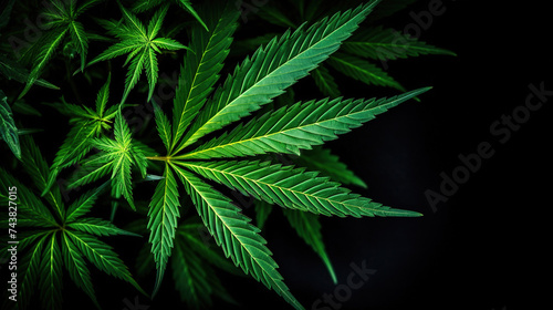 Green cannabis leaf close up on black background with sunbeam and glow. Medical marijuana cultivation. Copy space banner.