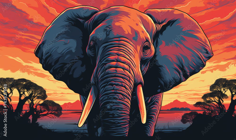 elephant at sunset - obrazy, fototapety, plakaty 