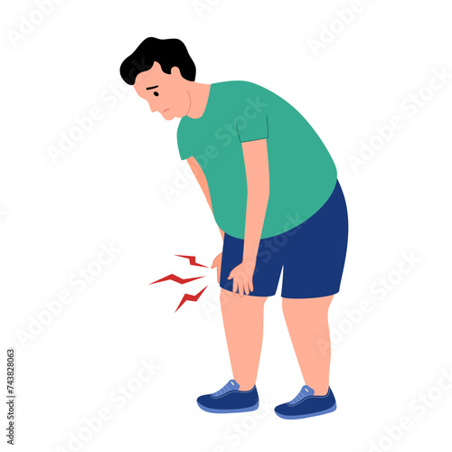 Overweight man suffering from knee pain while standing or walking. Obese guy with health problem concept. © Orapun