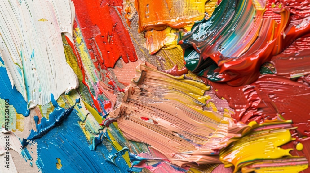 Closeup view of a multicolored abstract art piece with emphasis on the tactile texture created by oil paint and the spontaneous use of a palette knife.