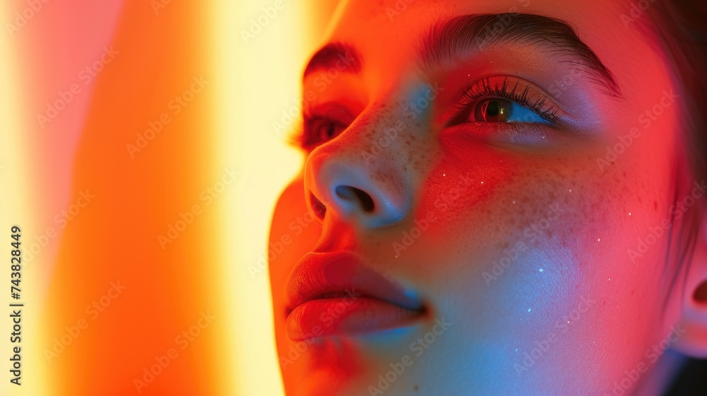 A peaceful close-up of a woman resting in infrared sauna, her features softly illuminated by a blend of cool and warm lights, evoking a sense of tranquility