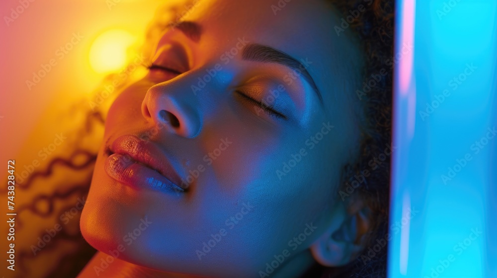 A peaceful close-up of a woman resting in infrared sauna, her features softly illuminated by a blend of cool and warm lights, evoking a sense of tranquility