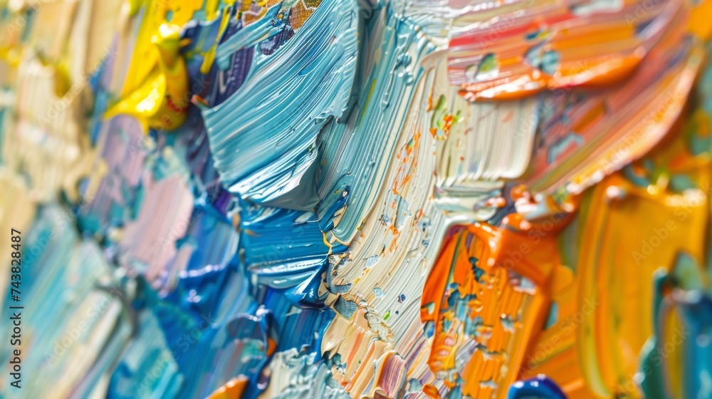 Closeup view of an abstract oil composition, emphasizing the emotional energy and depth achieved through expressive brushwork and palette knife application.