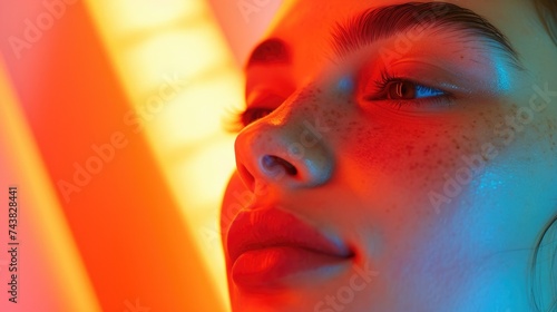 A peaceful close-up of a woman resting in infrared sauna, her features softly illuminated by a blend of cool and warm lights, evoking a sense of tranquility