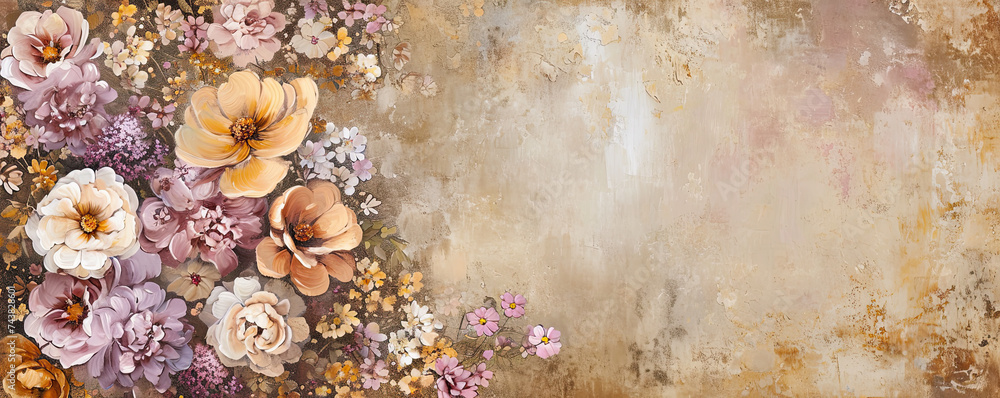 Obraz premium Flower background in art nouveau painting style with empty space for your text. Taupe neutral color banner.
