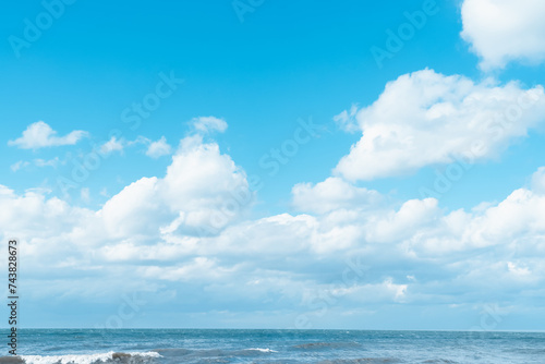 Sky Blue,Cloud Background,Horizon Spring Clear Sky in Morning by the beach,Vector beautiful landscape nature sunrise in Summer,Backdrop panoramic banner white clouds over ocean