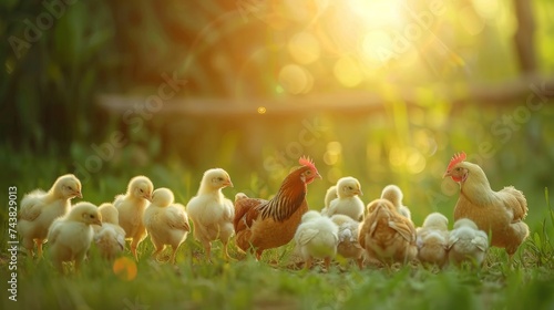 Group of Babies Chickens on Nature Background