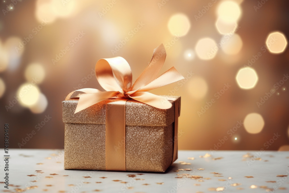 Elegant gold gift box with bow on table, perfect for holiday or celebration concepts Elegant gold gift box with bow on table, perfect for holiday or celebration concepts