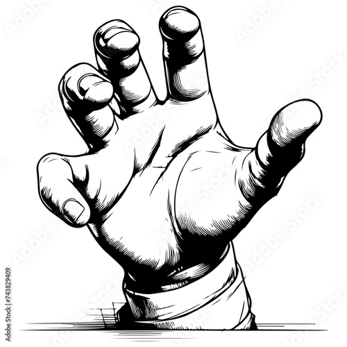 sketch hand reaching forward. closeup hand man grabbed ominously stretching black outline vector illustration