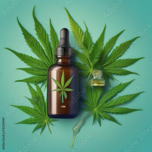 Glass bottle with dropper surrounded by hemp leaves depicting CBD oil products.