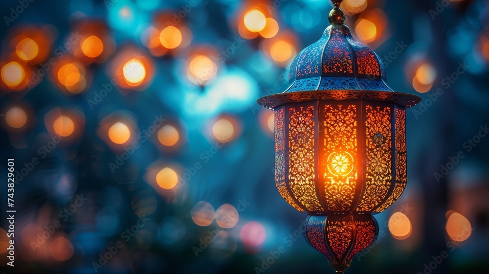 Id ul Fitr - Ramadan Kareem - Moon And Arabian Lantern In The Night With Abstract Defocused Lights - obrazy, fototapety, plakaty 
