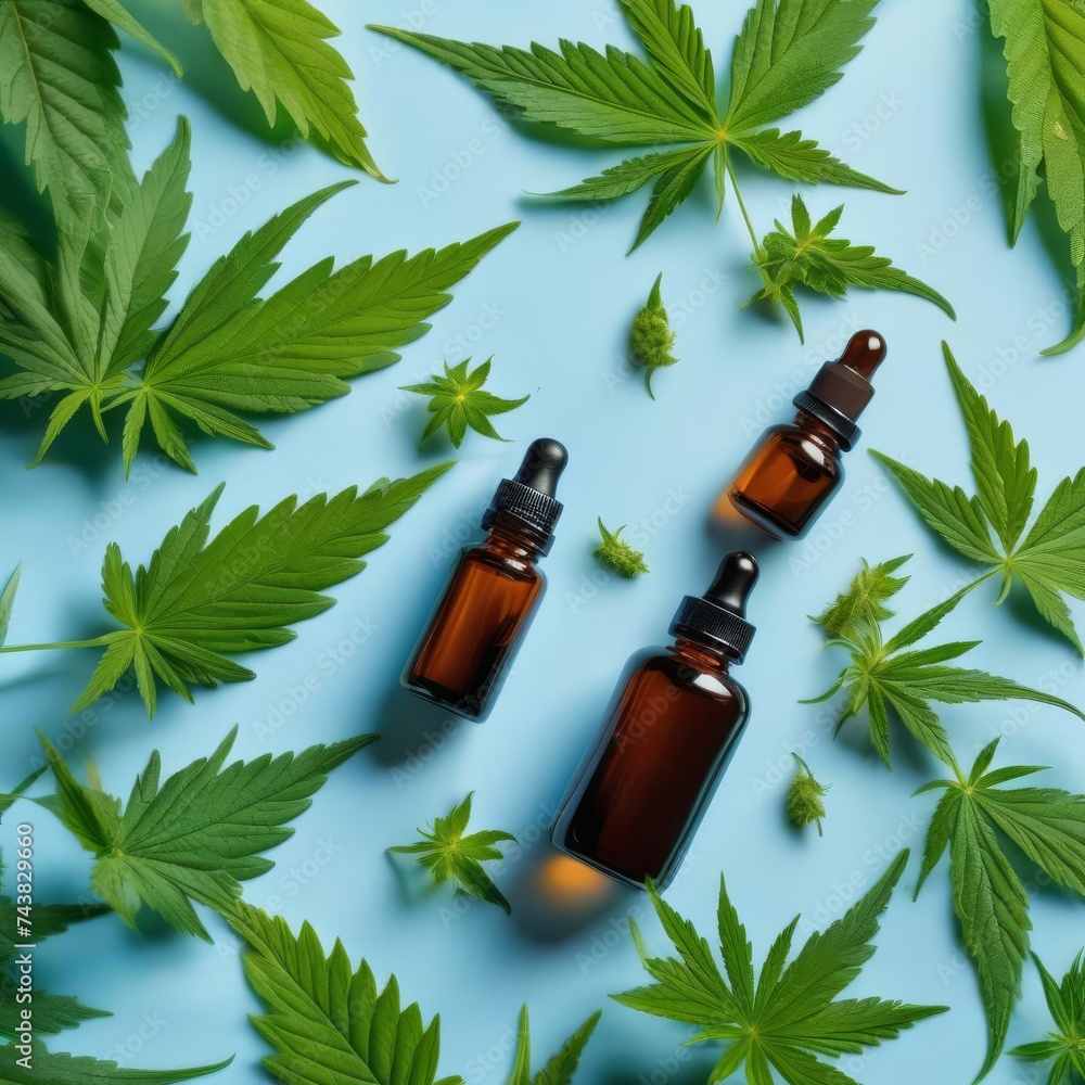 Glass bottle with dropper surrounded by hemp leaves depicting CBD oil products. Glass bottle with dropper surrounded by hemp leaves depicting CBD oil products.