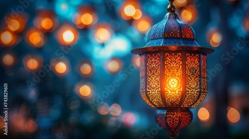 Id ul Fitr - Ramadan Kareem - Moon And Arabian Lantern In The Night With Abstract Defocused Lights