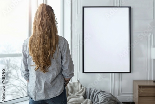 young woman looking at empty mockup frame, back view