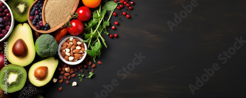 Top view of colorful vegetable mix with nuts with dark background. Healthy food concept. Fresh vegetable, raw food. Copy space for free text