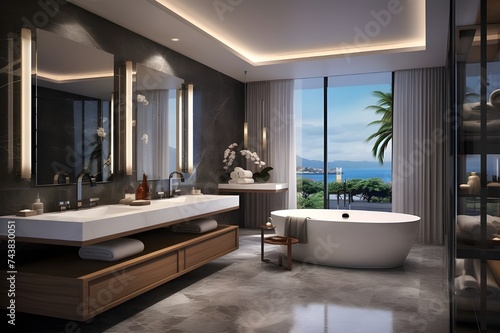 Luxury bathroom with a double vanity and spa-like amenities. 