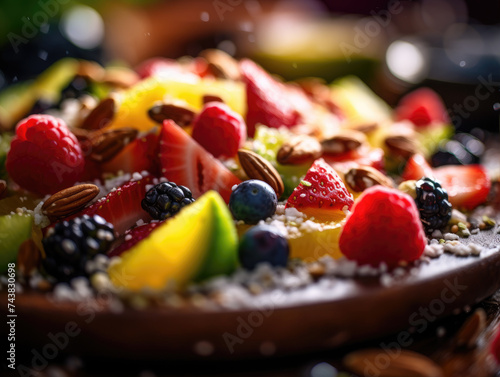 Close up photo of fresh fruit and nuts on plate, healthy food concept