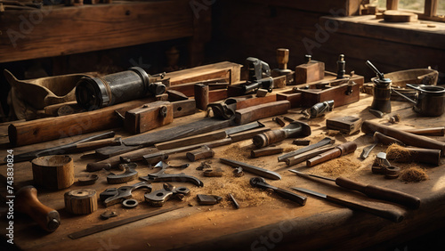 The carpenter's tools, mesmerizing in their beauty, lie in orderly rows on his workbench.