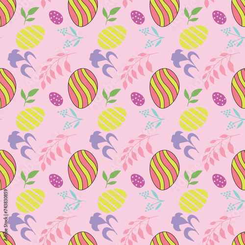 Seamless pattern with handdrawn easter eggs, flowers, leaves and other elements on pink background