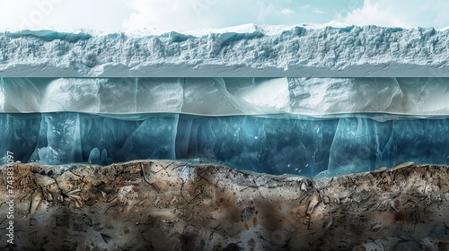 Detailed cross-section of a glacier with ice layers and embedded mineral deposits photo