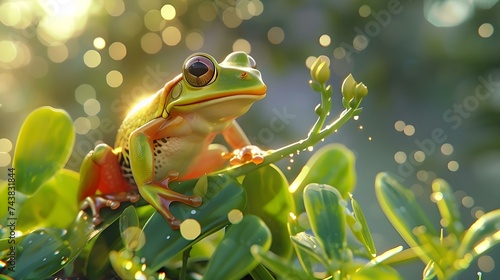 Green tree frog perched on leaf in golden light, a symbol of nature's delicate balance