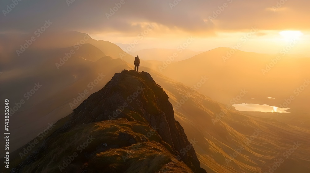 Fototapeta premium Solitary hiker on a mountain peak at sunrise with misty valleys