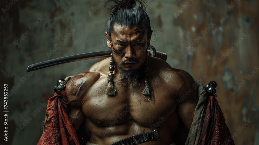 Majestic Muscular Samurai Warrior Poses with Strength and Honor