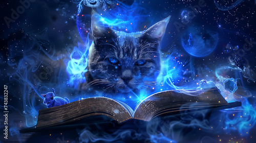 Cat reading a magic book with glowing blue fire and stars on the background