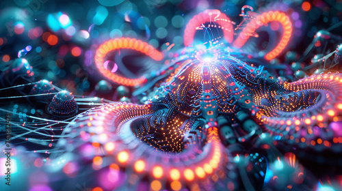 An intricate and detailed 3D model of a cybernetic organism surrounded by glowing pulsating energy fields