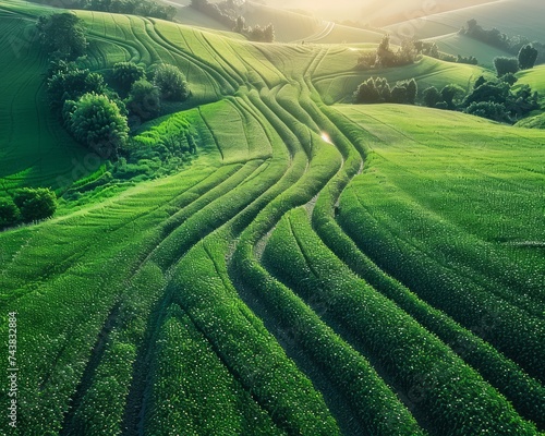 Lush Green Agricultural Fields at Sunset with Rolling Hills