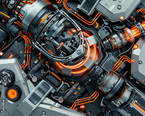 Develop a visually striking illustration showcasing the intricate details of a futuristic robotic gear system