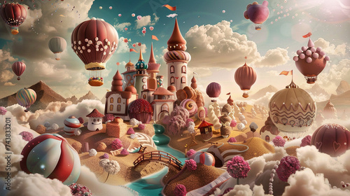 Illustrate a whimsical world where chocolate is a key element incorporating fantastical creatures and surreal landscapes to transport viewers to a whimsical realm