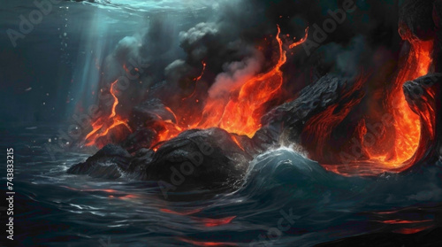 lava mountain lava blowing with fire under the bridges with abstract lovely fire background with water mountain thrusting lava with smoke and heavy clouds in the sir 