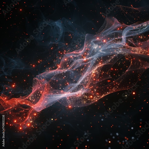 Abstract Particle Wave Mesh with Glowing Red Dots on Dark Background