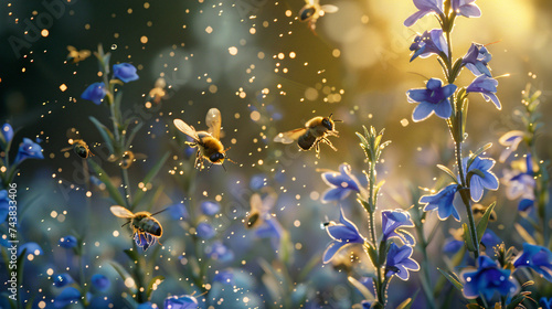 Lobelia attracting pollinators, using cinematic framing to capture the vibrant scenes of buzzing activity.
