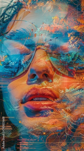 Abstract Digital Art Collage with Human Face and Technological Elements