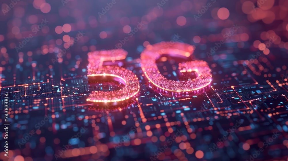 Glowing 5G Symbol on Digital Circuit Board Background