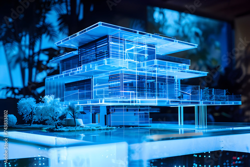 Hologram of a house on blueprints