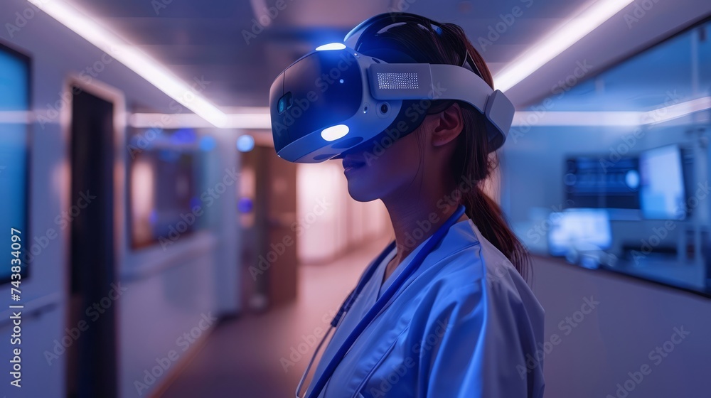 Young Woman Experiencing Virtual Reality Technology in Futuristic Setting Young Woman Experiencing Virtual Reality Technology in Futuristic Setting