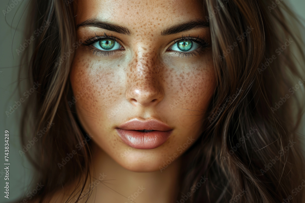 Close up of woman with freckles on her face Close up of woman with freckles on her face