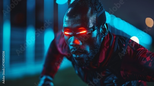 Intense Futuristic Athlete with Glowing Visor at Night
