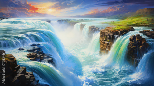 illustration of A Beautiful Gullfoss waterfall and sunrise  also known as the Golden Falls  and the Olfusa river in southwest Iceland.