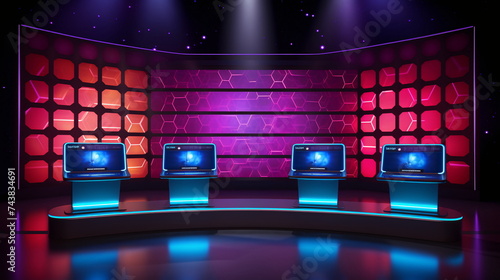 Futuristic Neon Game Show Studio with High-Tech Design and Vibrant Lighting