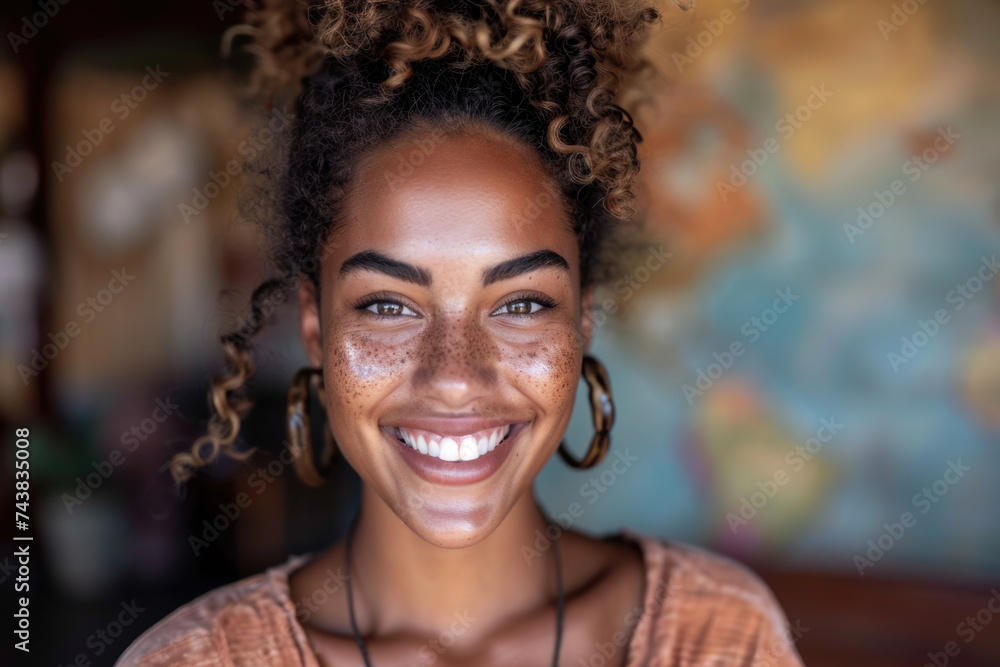 Smiling woman with freckles on her face